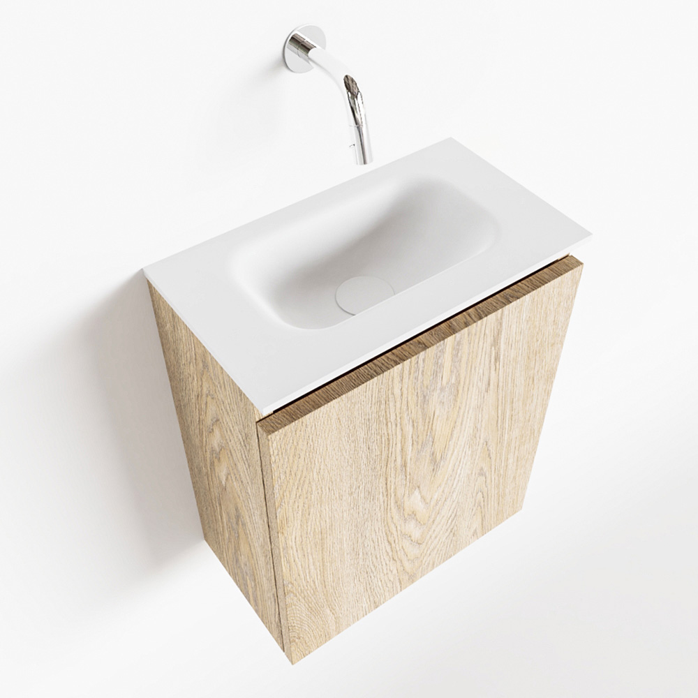 MONDIAZ TURE 40cm toiletmeubel washed oak. EDEN wastafel talc midden geen kraangat