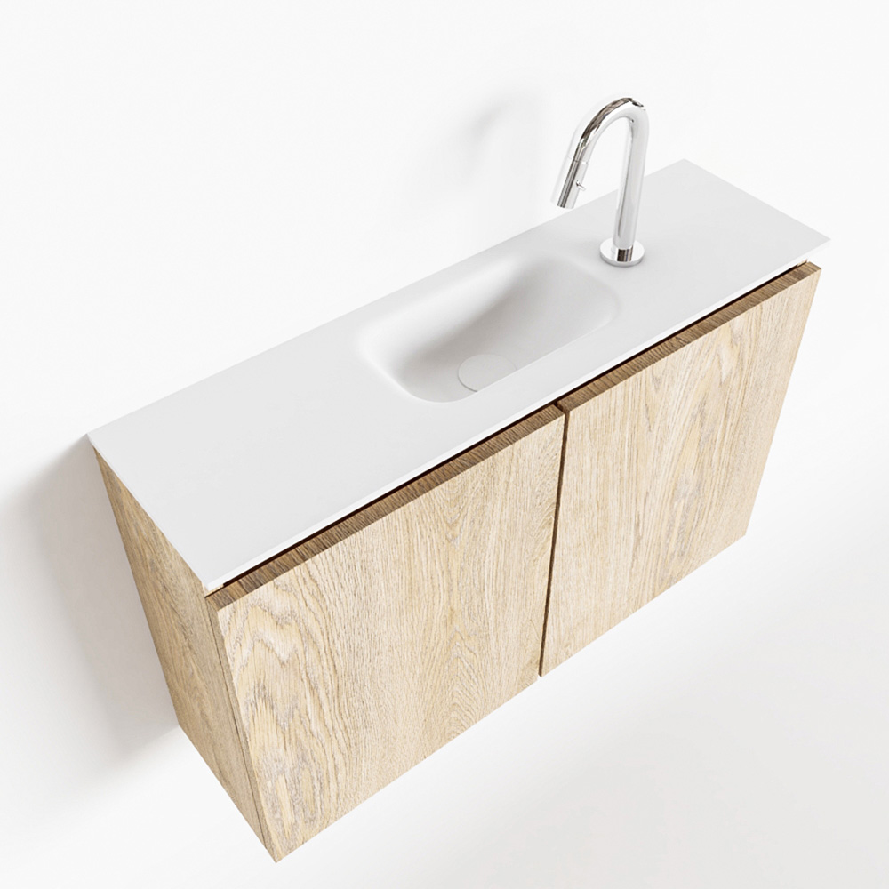 MONDIAZ TURE 80cm toiletmeubel washed oak. EDEN wastafel talc midden 1 kraangat