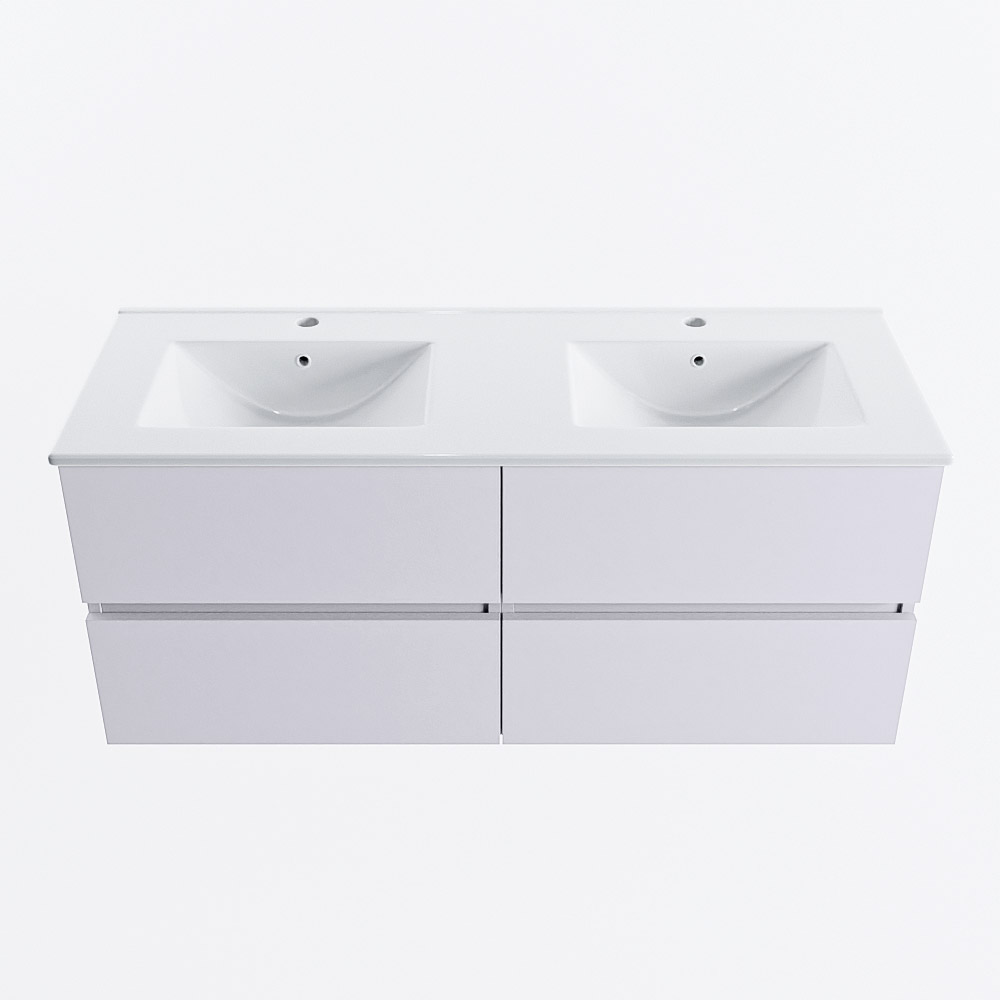 MONDIAZ VICA 120cm badmeubel onderkast Cale 4 lades. Wastafel DENIA dubbel 2 kraangaten, kleur Glanzend Wit.