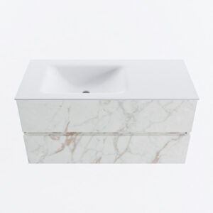 MONDIAZ VICA 100cm badmeubel onderkast Carrara 2 lades. Wastafel CLOUD links zonder kraangat, kleur Talc.
