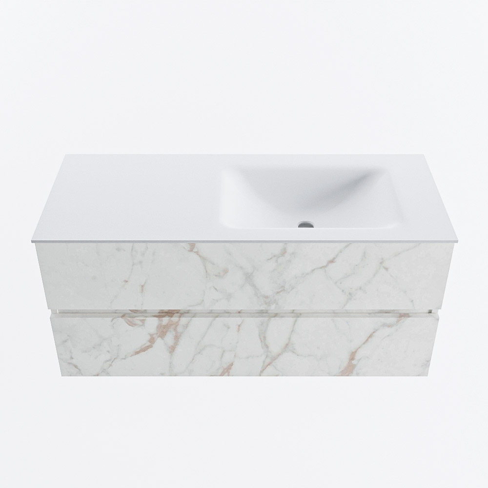 MONDIAZ VICA 110cm badmeubel onderkast Carrara 2 lades. Wastafel CLOUD rechts zonder kraangat, kleur Talc.