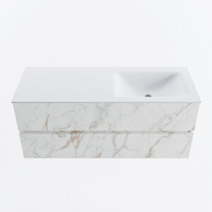MONDIAZ VICA 120cm badmeubel onderkast Carrara 2 lades. Wastafel CLOUD rechts 1 kraangat, kleur Talc.