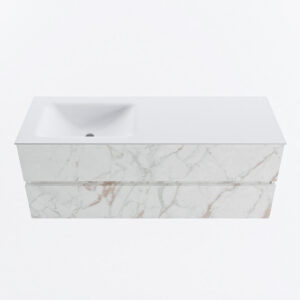 MONDIAZ VICA 130cm badmeubel onderkast Carrara 2 lades. Wastafel CLOUD links 1 kraangat, kleur Talc.