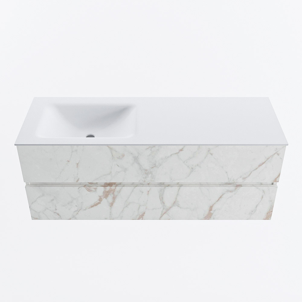 MONDIAZ VICA 130cm badmeubel onderkast Carrara 2 lades. Wastafel CLOUD links zonder kraangat, kleur Talc.