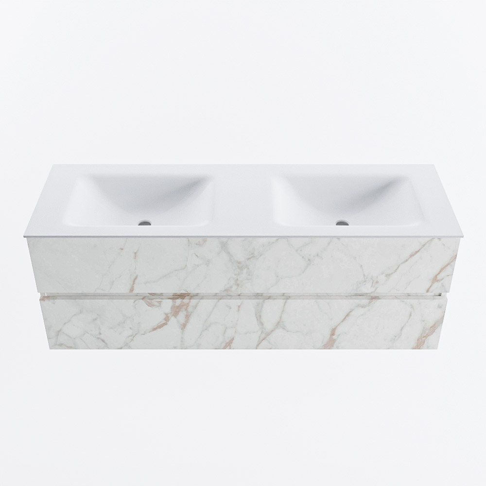 MONDIAZ VICA 140cm badmeubel onderkast Carrara 2 lades. Wastafel CLOUD dubbel 2 kraangaten, kleur Talc.