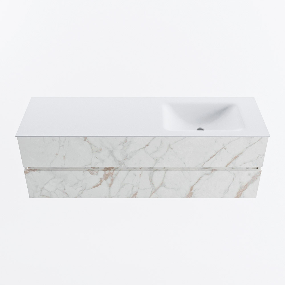 MONDIAZ VICA 150cm badmeubel onderkast Carrara 2 lades. Wastafel CLOUD rechts 1 kraangat, kleur Talc.