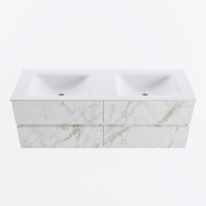 MONDIAZ VICA 140cm badmeubel onderkast Carrara 4 lades. Wastafel CLOUD dubbel 2 kraangaten, kleur Talc.