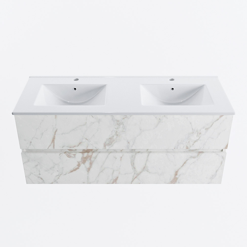 MONDIAZ VICA 120cm badmeubel onderkast Carrara 2 lades. Wastafel DENIA dubbel 2 kraangaten, kleur Glanzend Wit.