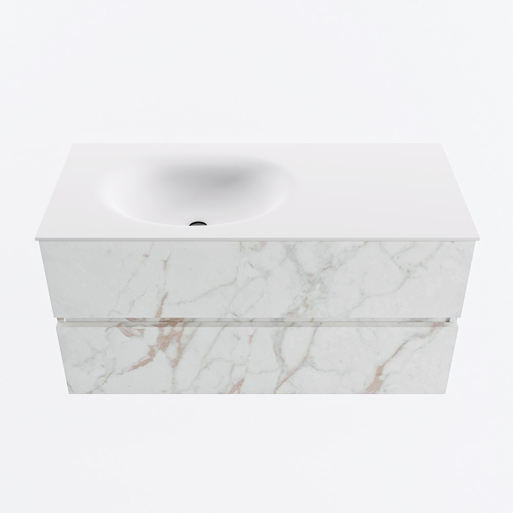 MONDIAZ VICA 100cm badmeubel onderkast Carrara 2 lades. Wastafel MOON links 1 kraangat, kleur Talc.