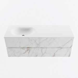 MONDIAZ VICA 130cm badmeubel onderkast Carrara 2 lades. Wastafel MOON links 1 kraangat, kleur Talc.