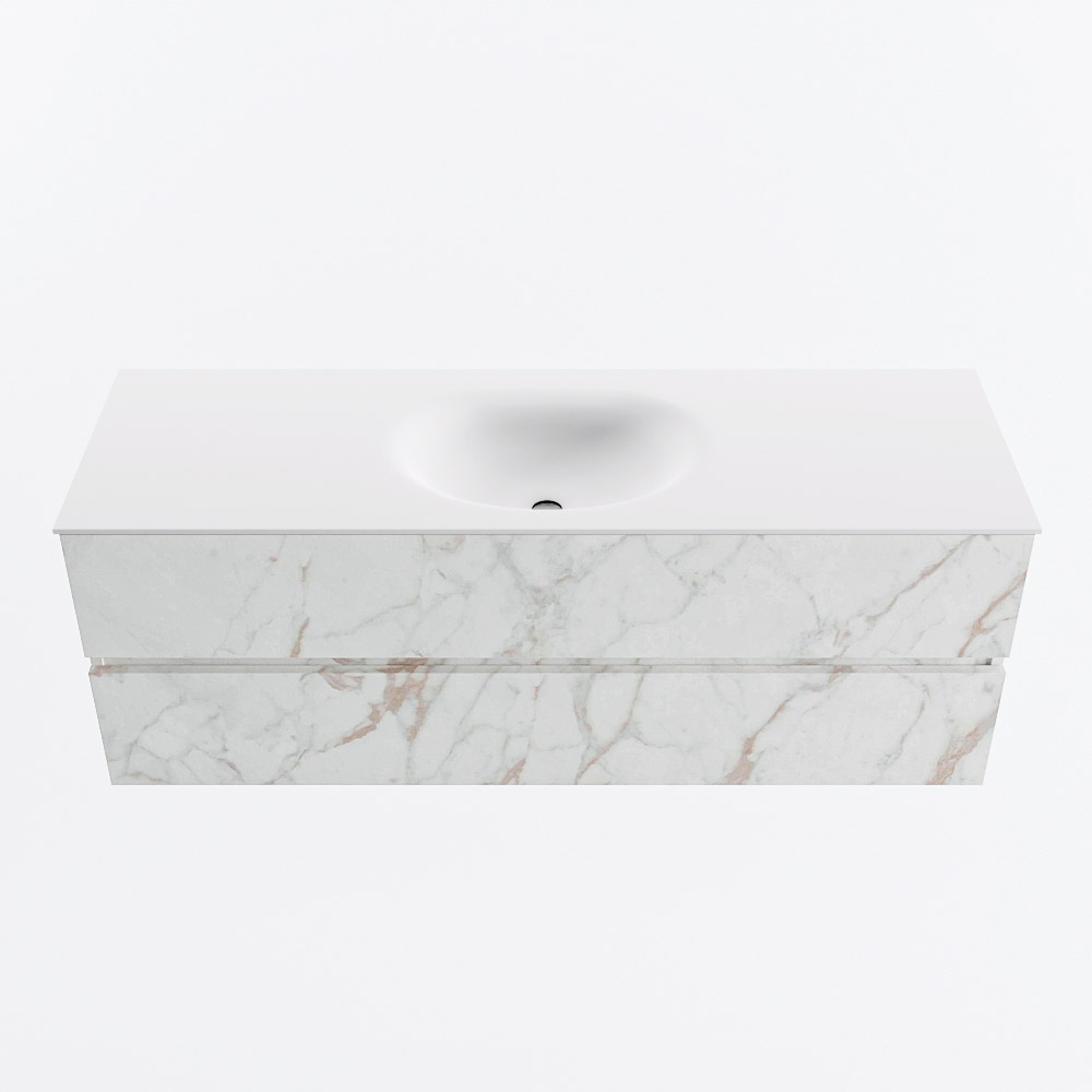 MONDIAZ VICA 140cm badmeubel onderkast Carrara 2 lades. Wastafel MOON midden zonder kraangat, kleur Talc.