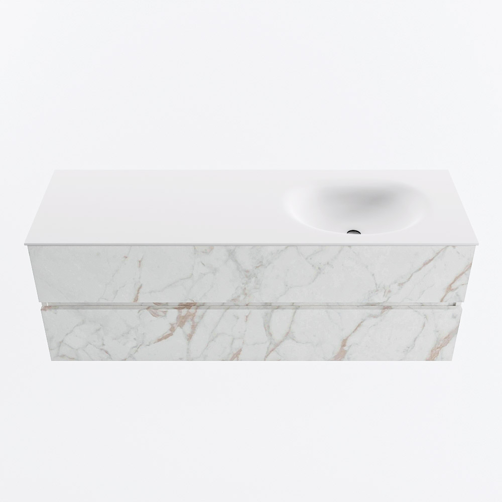 MONDIAZ VICA 140cm badmeubel onderkast Carrara 2 lades. Wastafel MOON rechts zonder kraangat, kleur Talc.