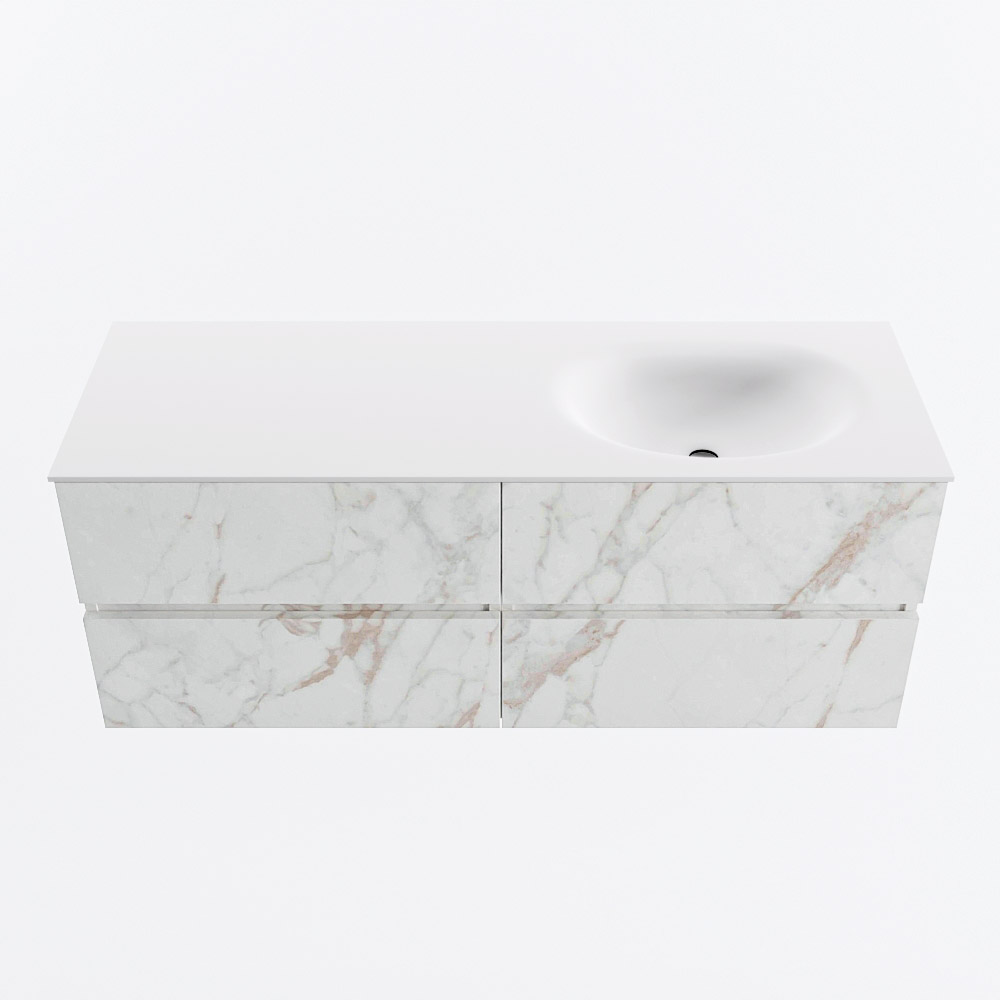 MONDIAZ VICA 130cm badmeubel onderkast Carrara 4 lades. Wastafel MOON rechts zonder kraangat, kleur Talc.