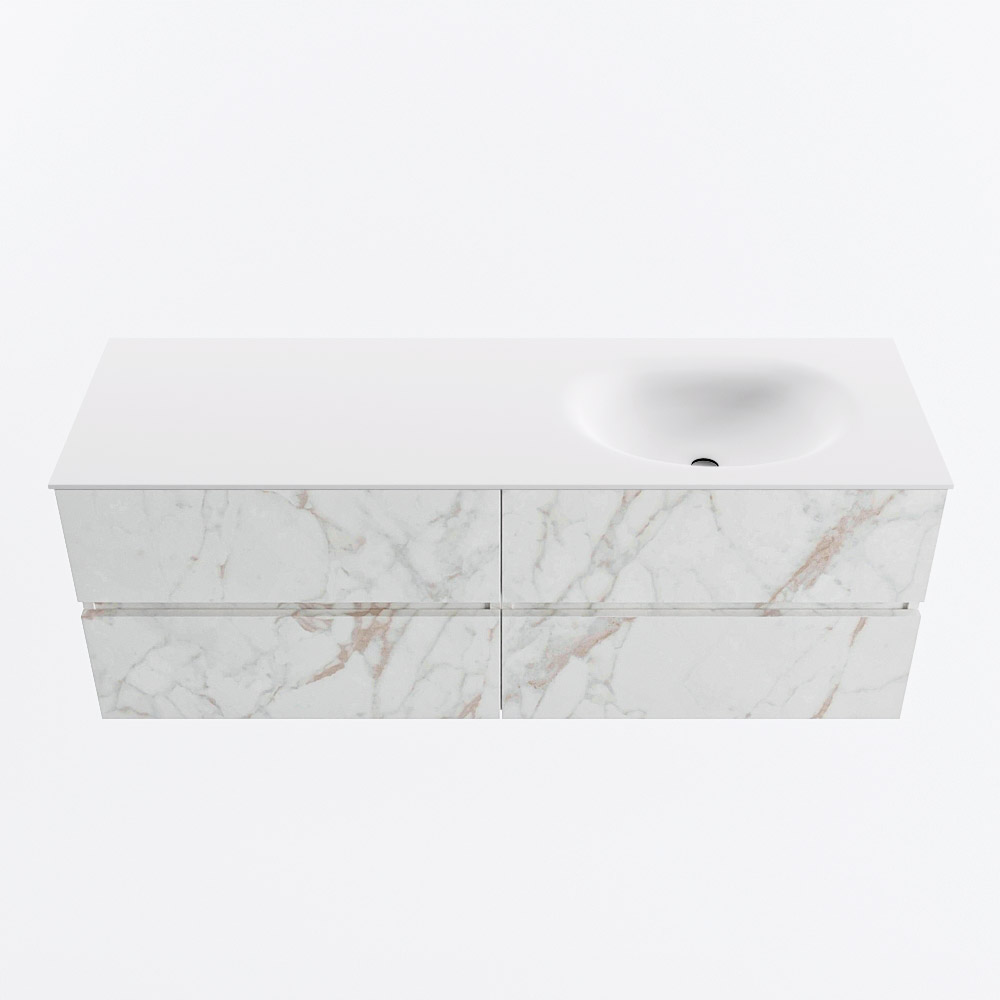 MONDIAZ VICA 140cm badmeubel onderkast Carrara 4 lades. Wastafel MOON rechts zonder kraangat, kleur Talc.