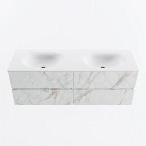 MONDIAZ VICA 140cm badmeubel onderkast Carrara 4 lades. Wastafel MOON dubbel zonder kraangat, kleur Talc.