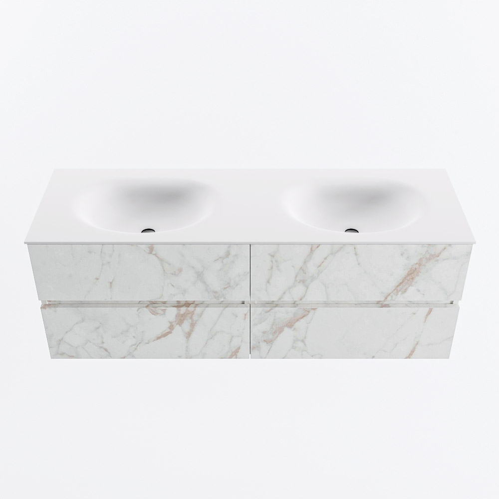 MONDIAZ VICA 140cm badmeubel onderkast Carrara 4 lades. Wastafel MOON dubbel zonder kraangat, kleur Talc.