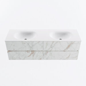 MONDIAZ VICA 150cm badmeubel onderkast Carrara 4 lades. Wastafel MOON dubbel zonder kraangat, kleur Talc.