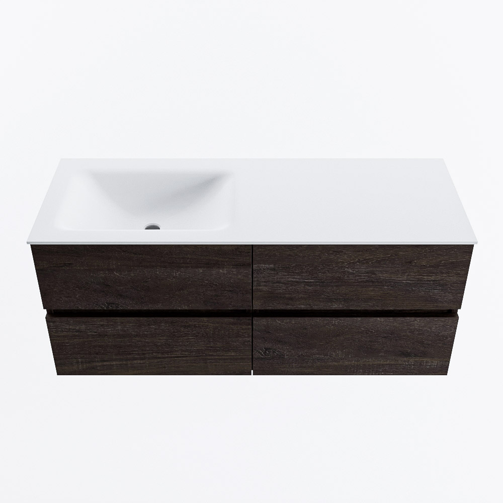 MONDIAZ VICA 120cm badmeubel onderkast Dark Brown 4 lades. Wastafel CLOUD links 1 kraangat, kleur Talc.