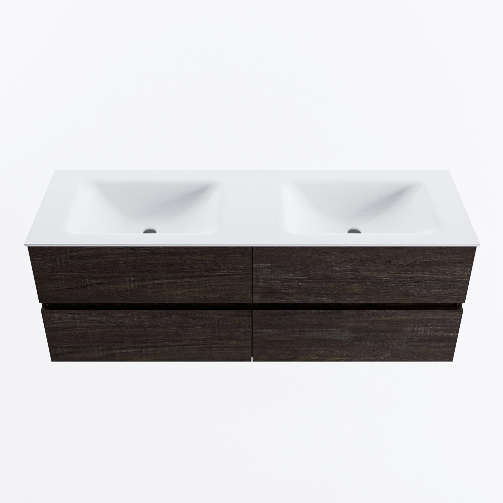 MONDIAZ VICA 140cm badmeubel onderkast Dark Brown 4 lades. Wastafel CLOUD dubbel 2 kraangaten, kleur Talc.