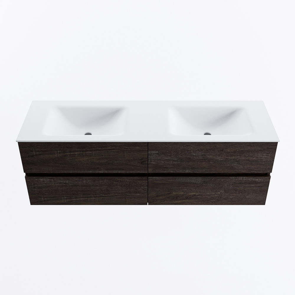 MONDIAZ VICA 150cm badmeubel onderkast Dark Brown 4 lades. Wastafel CLOUD dubbel zonder kraangat, kleur Talc.