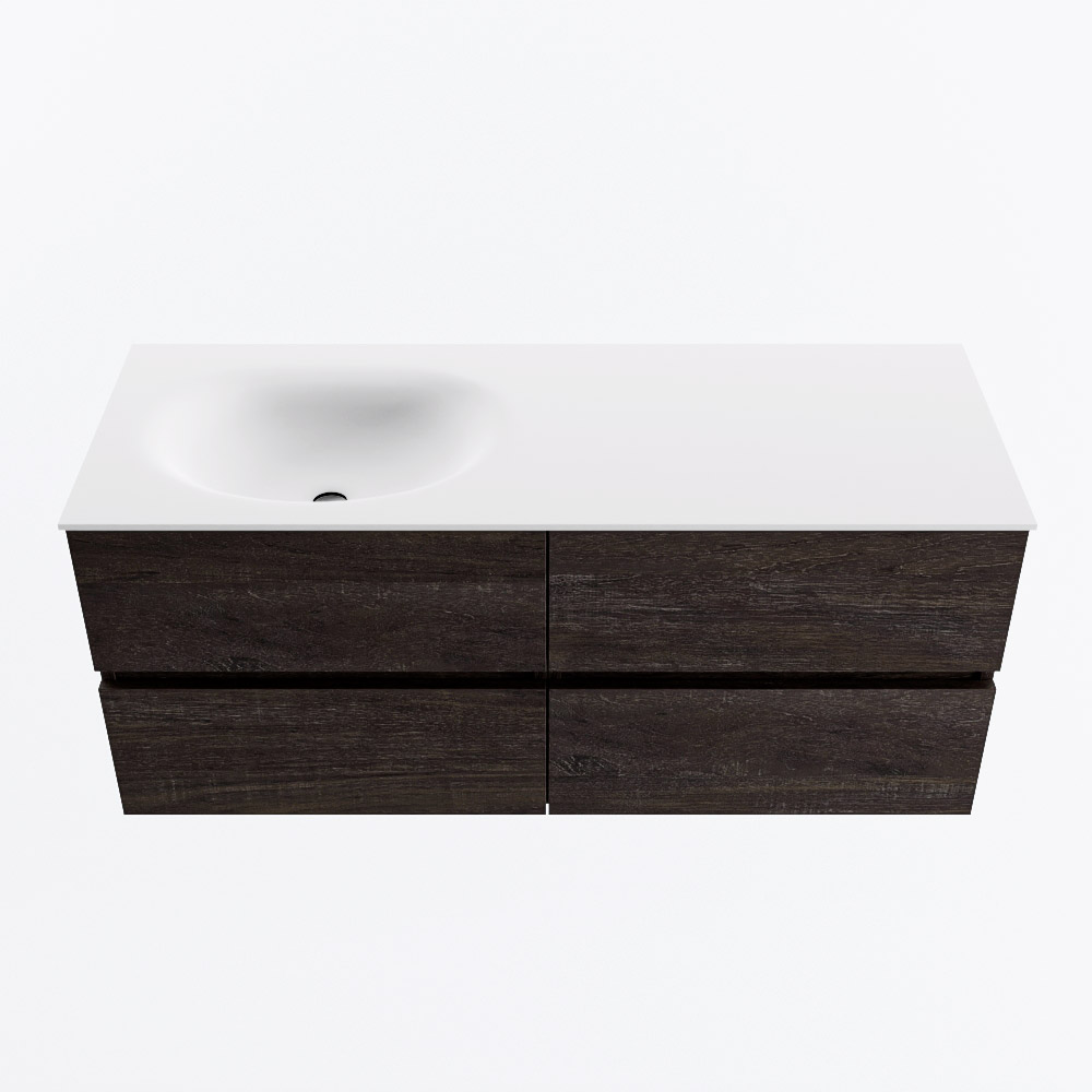 MONDIAZ VICA 120cm badmeubel onderkast Dark Brown 4 lades. Wastafel MOON links zonder kraangat, kleur Talc.