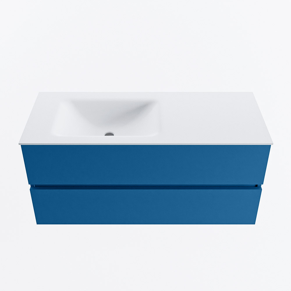 MONDIAZ VICA 110cm badmeubel onderkast Jeans 2 lades. Wastafel CLOUD links 1 kraangat, kleur Talc.