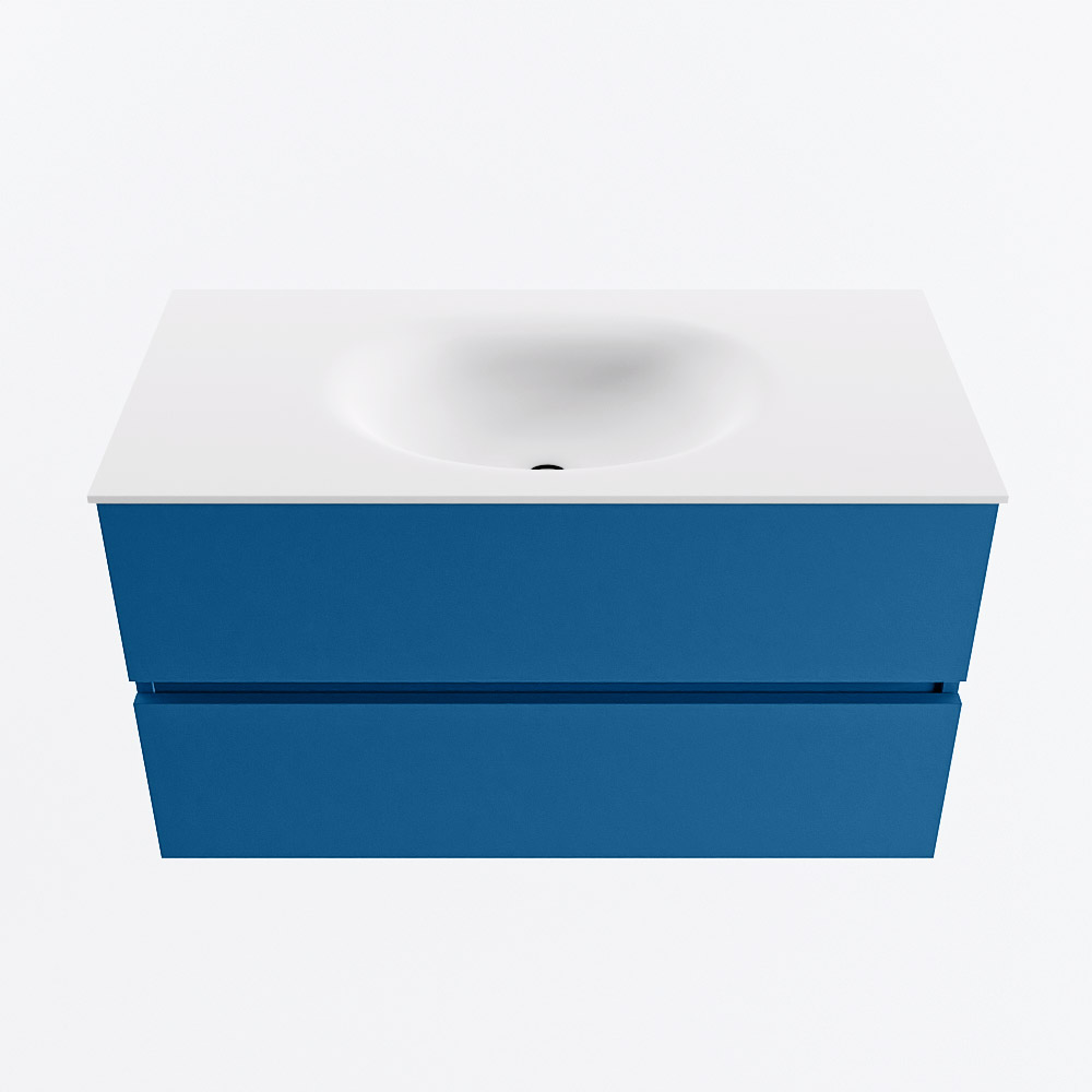 MONDIAZ VICA 90cm badmeubel onderkast Jeans 2 lades. Wastafel MOON midden zonder kraangat, kleur Talc.