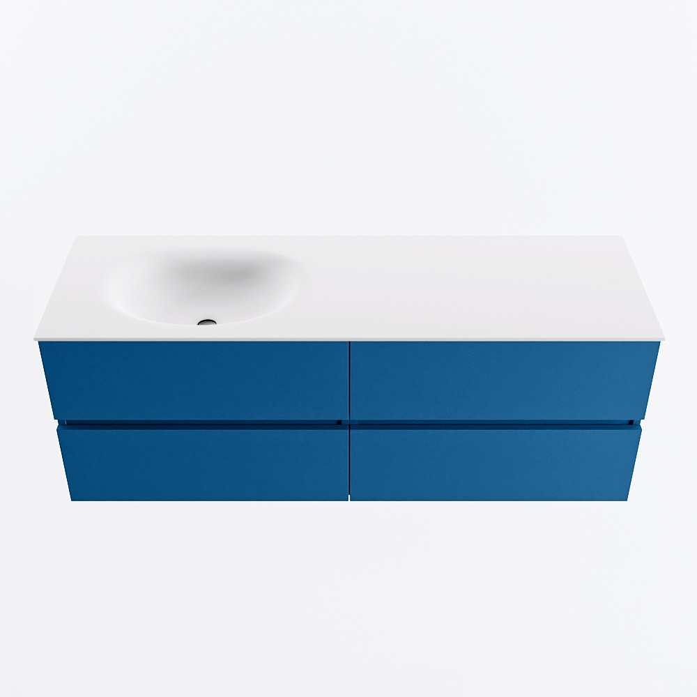 MONDIAZ VICA 140cm badmeubel onderkast Jeans 4 lades. Wastafel MOON links zonder kraangat, kleur Talc.