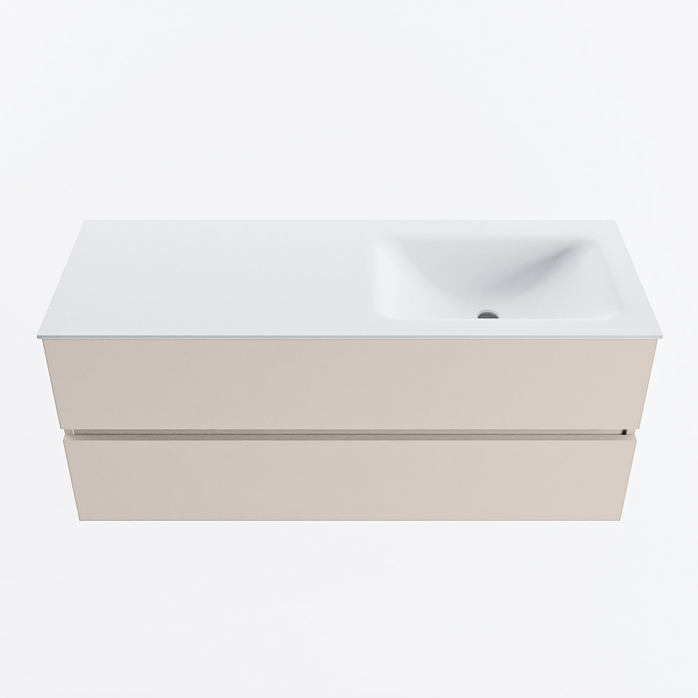 MONDIAZ VICA 120cm badmeubel onderkast Linen 2 lades. Wastafel CLOUD rechts zonder kraangat, kleur Talc.