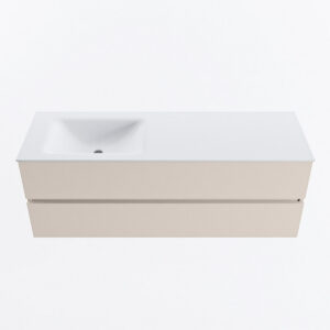 MONDIAZ VICA 140cm badmeubel onderkast Linen 2 lades. Wastafel CLOUD links zonder kraangat, kleur Talc.