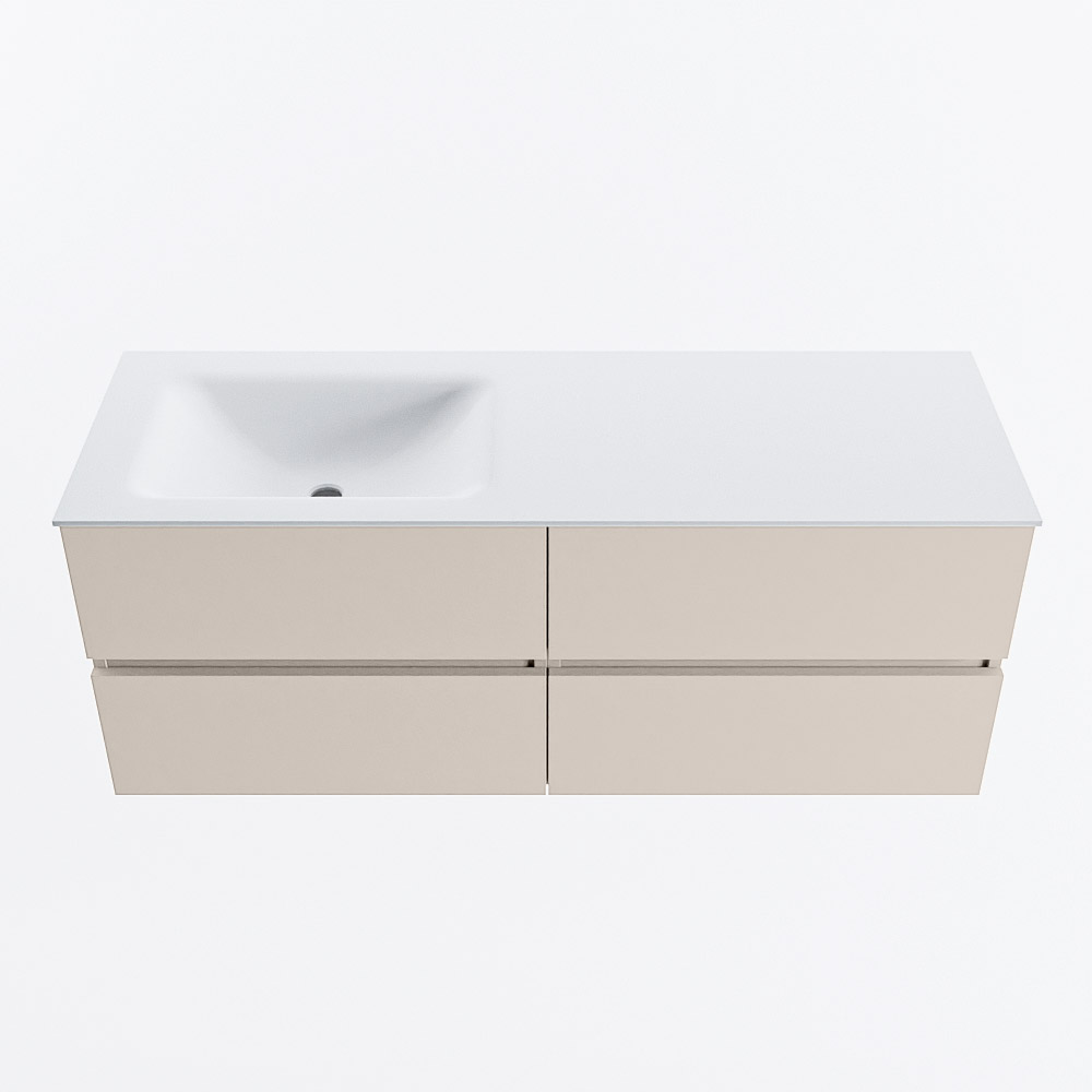 MONDIAZ VICA 130cm badmeubel onderkast Linen 4 lades. Wastafel CLOUD links zonder kraangat, kleur Talc.