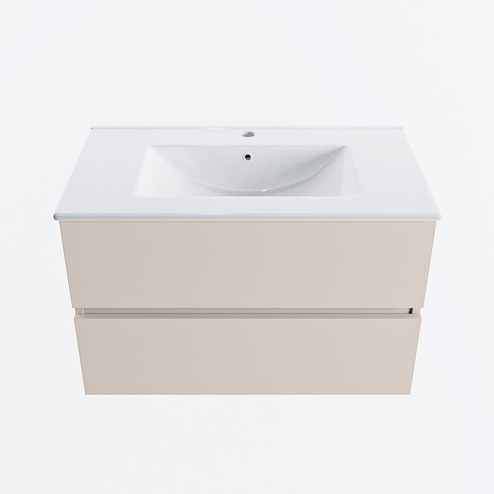 MONDIAZ VICA 80cm badmeubel onderkast Linen 2 lades. Wastafel DENIA midden 1 kraangat, kleur Glanzend Wit.