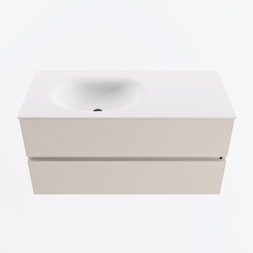 MONDIAZ VICA 100cm badmeubel onderkast Linen 2 lades. Wastafel MOON links zonder kraangat, kleur Talc.