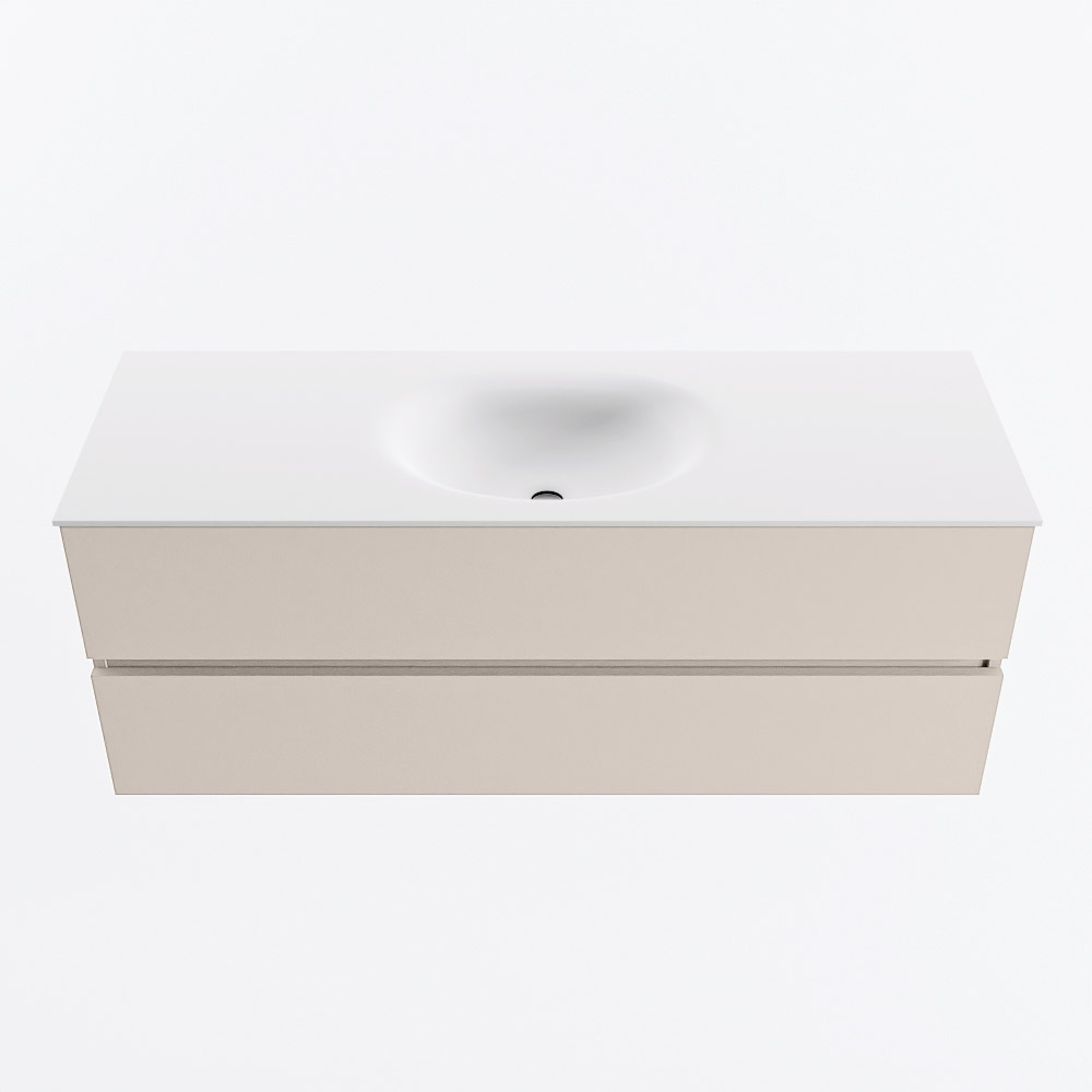 MONDIAZ VICA 130cm badmeubel onderkast Linen 2 lades. Wastafel MOON midden zonder kraangat, kleur Talc.