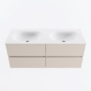 MONDIAZ VICA 120cm badmeubel onderkast Linen 4 lades. Wastafel MOON dubbel 2 kraangaten, kleur Talc.