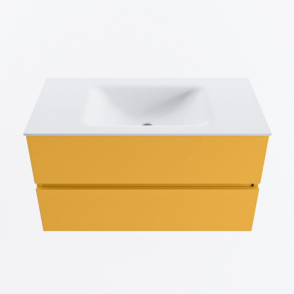 MONDIAZ VICA 90cm badmeubel onderkast Ocher 2 lades. Wastafel CLOUD midden zonder kraangat, kleur Talc.