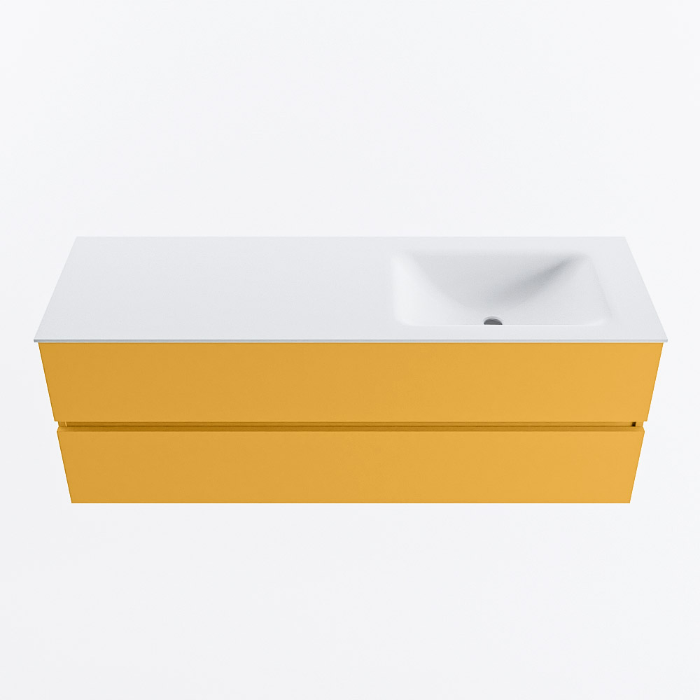 MONDIAZ VICA 140cm badmeubel onderkast Ocher 2 lades. Wastafel CLOUD rechts zonder kraangat, kleur Talc.