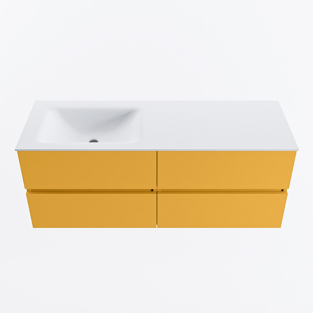 MONDIAZ VICA 130cm badmeubel onderkast Ocher 4 lades. Wastafel CLOUD links zonder kraangat, kleur Talc.