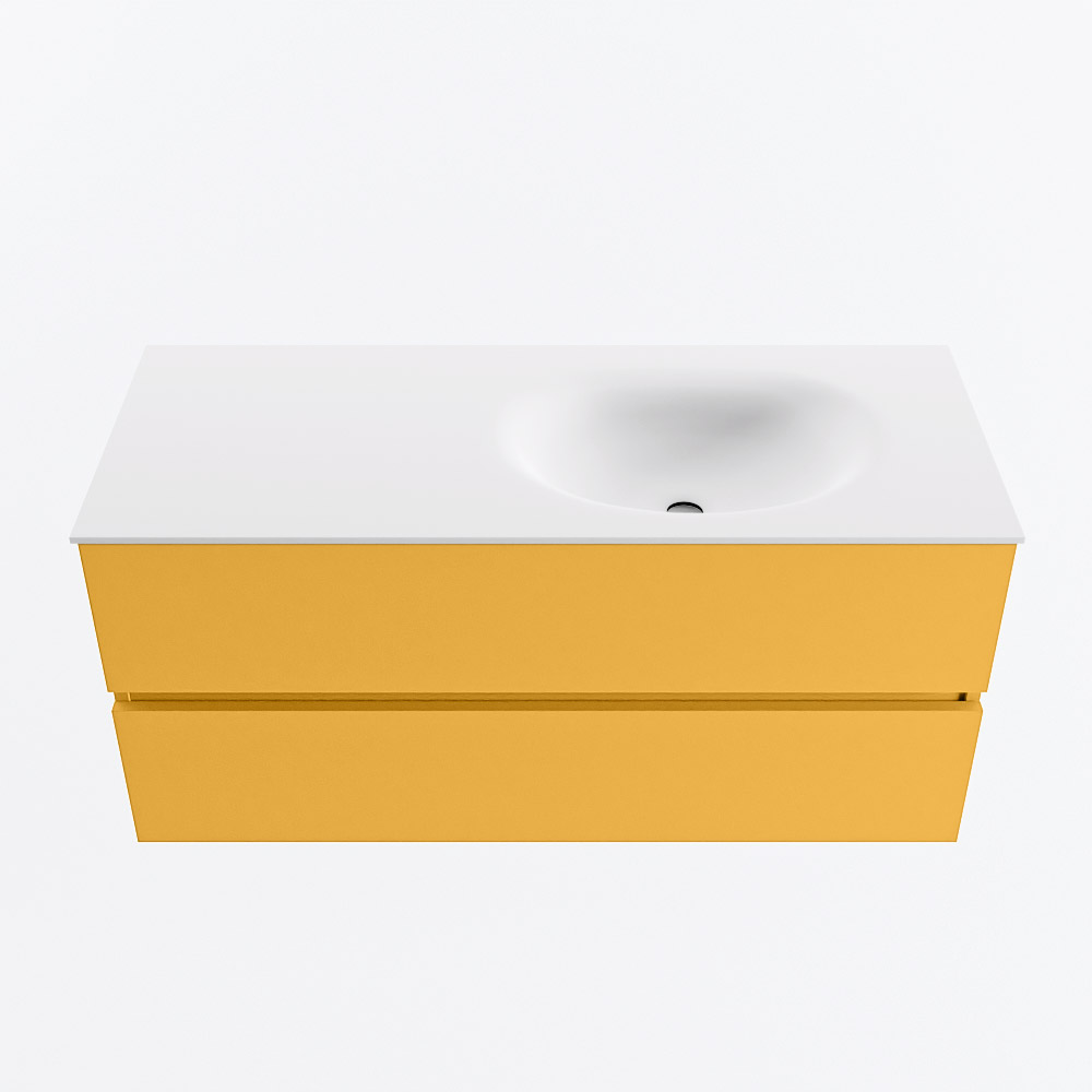 MONDIAZ VICA 110cm badmeubel onderkast Ocher 2 lades. Wastafel MOON rechts zonder kraangat, kleur Talc.