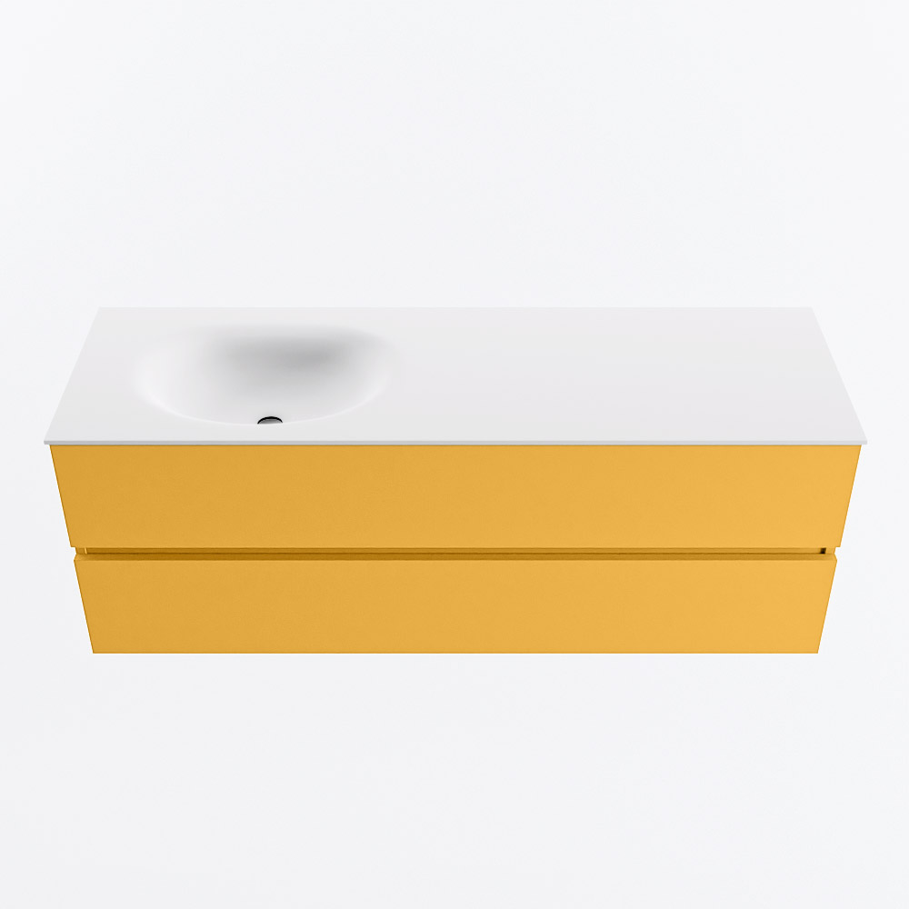 MONDIAZ VICA 140cm badmeubel onderkast Ocher 2 lades. Wastafel MOON links zonder kraangat, kleur Talc.