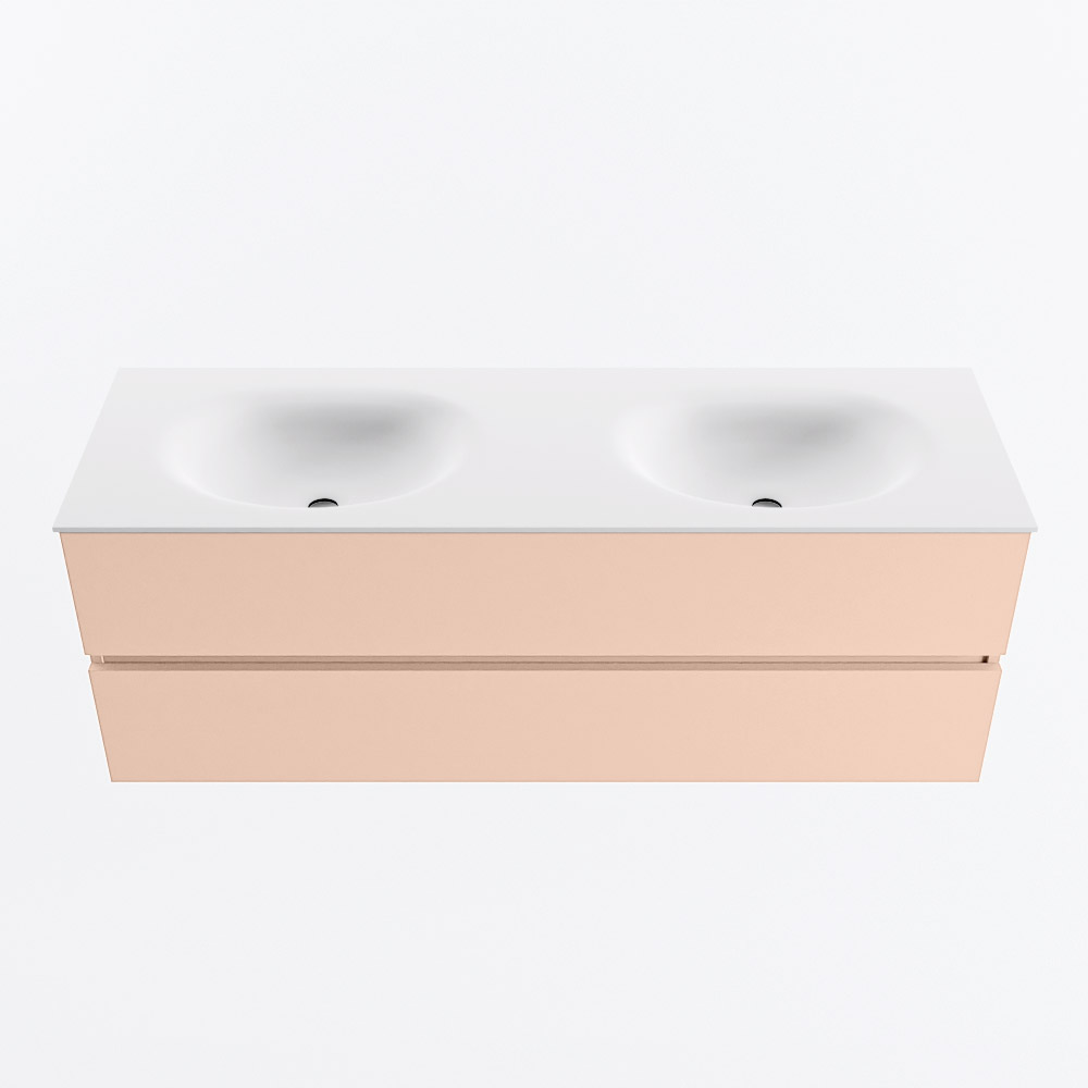 MONDIAZ VICA 140cm badmeubel onderkast Rosee 2 lades. Wastafel MOON dubbel zonder kraangat, kleur Talc.
