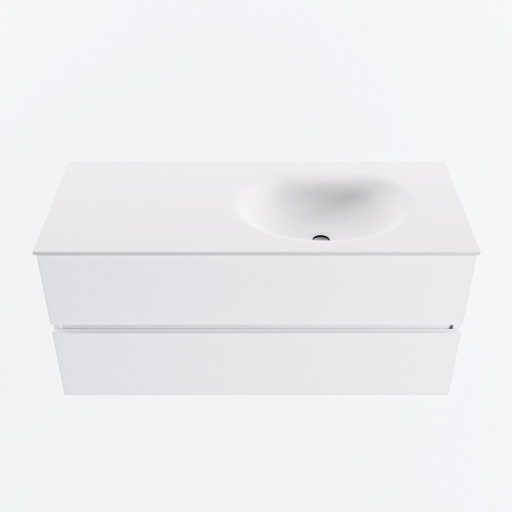 MONDIAZ VICA 110cm badmeubel onderkast Talc 2 lades. Wastafel MOON rechts zonder kraangat, kleur Talc.