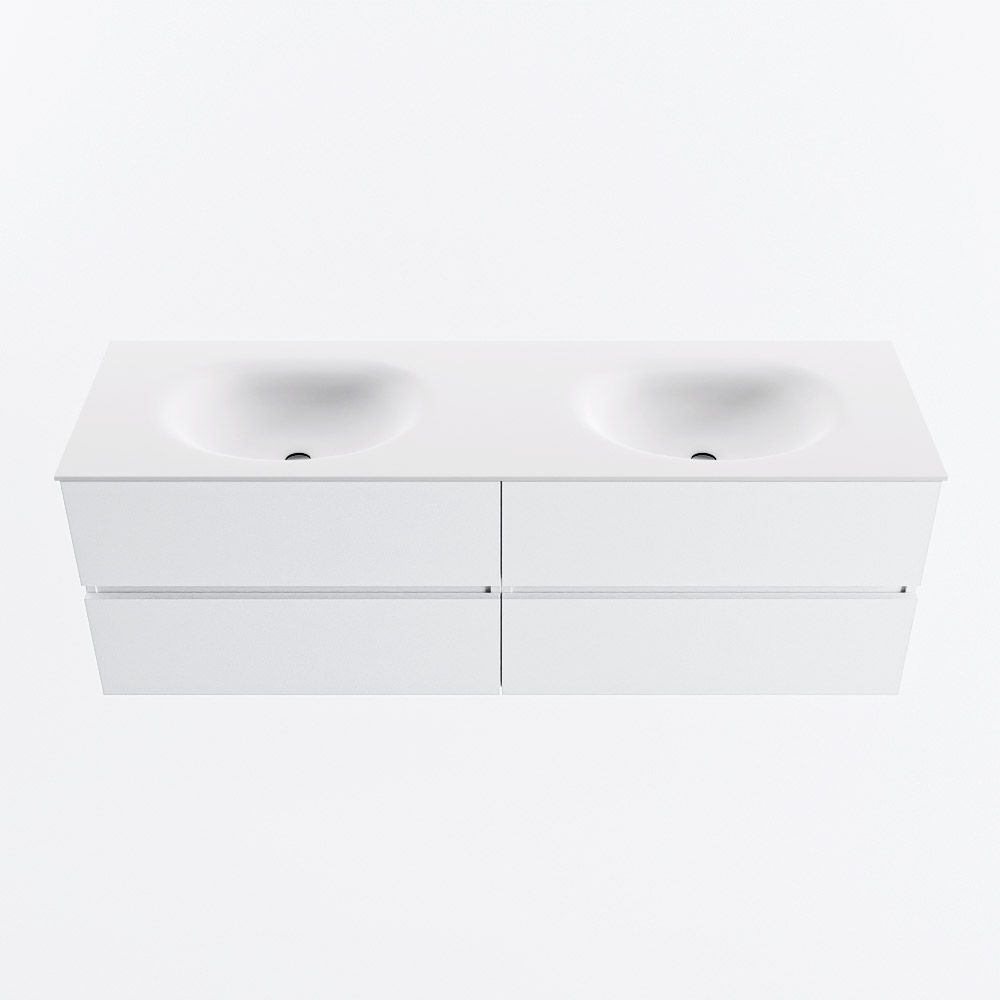 MONDIAZ VICA 150cm badmeubel onderkast Talc 4 lades. Wastafel MOON dubbel 2 kraangaten, kleur Talc.