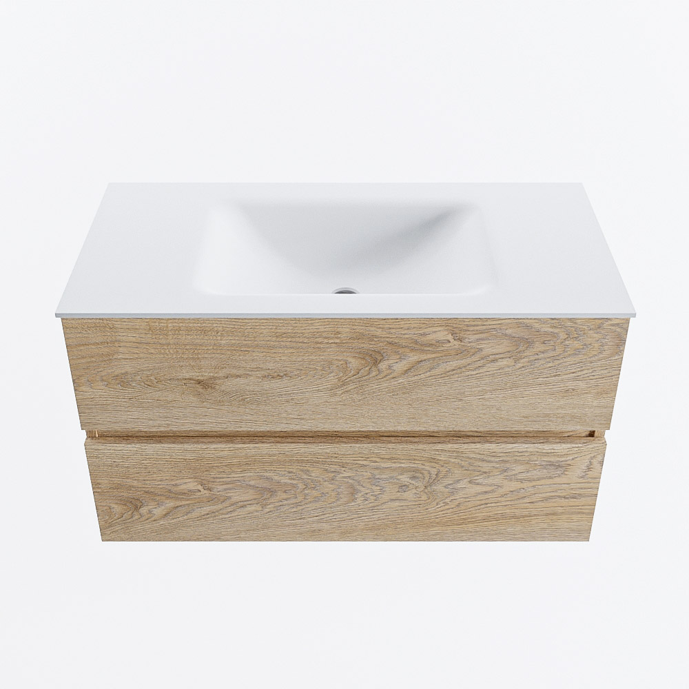 MONDIAZ VICA 90cm badmeubel onderkast Washed Oak 2 lades. Wastafel CLOUD midden 1 kraangat, kleur Talc.