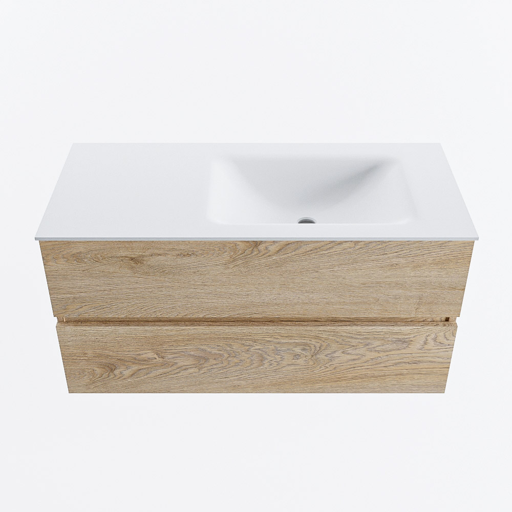 MONDIAZ VICA 100cm badmeubel onderkast Washed Oak 2 lades. Wastafel CLOUD rechts 1 kraangat, kleur Talc.
