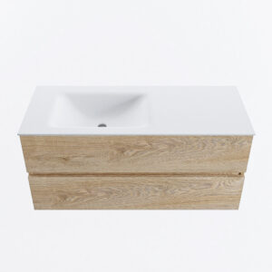 MONDIAZ VICA 110cm badmeubel onderkast Washed Oak 2 lades. Wastafel CLOUD links zonder kraangat, kleur Talc.