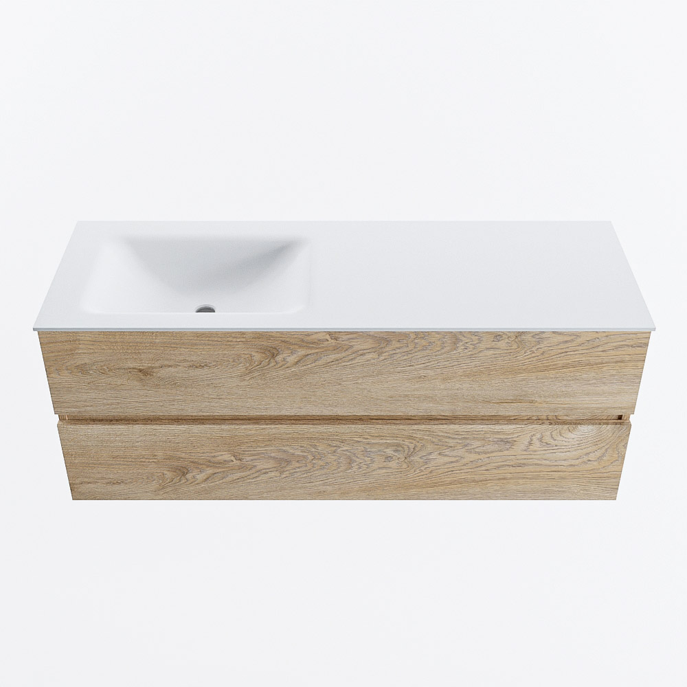 MONDIAZ VICA 130cm badmeubel onderkast Washed Oak 2 lades. Wastafel CLOUD links zonder kraangat, kleur Talc.