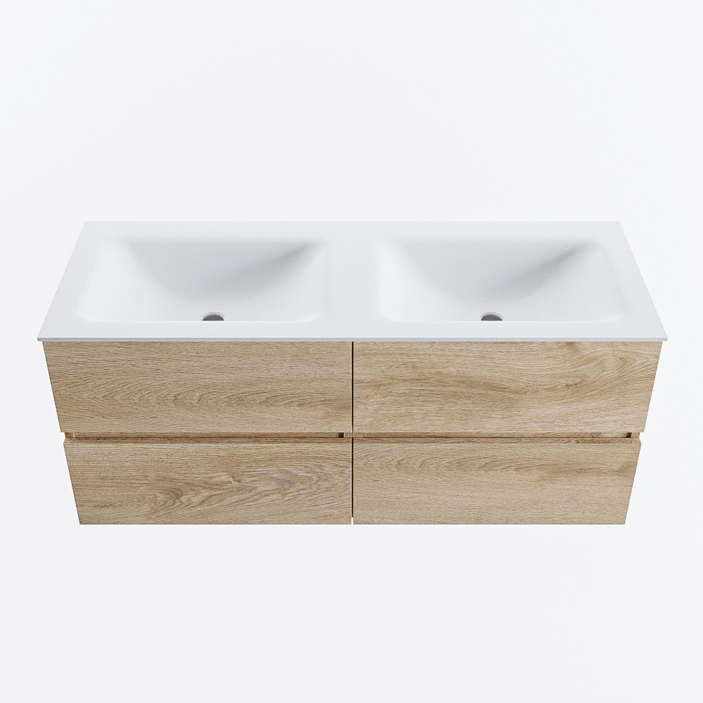 MONDIAZ VICA 120cm badmeubel onderkast Washed Oak 4 lades. Wastafel CLOUD dubbel zonder kraangat, kleur Talc.