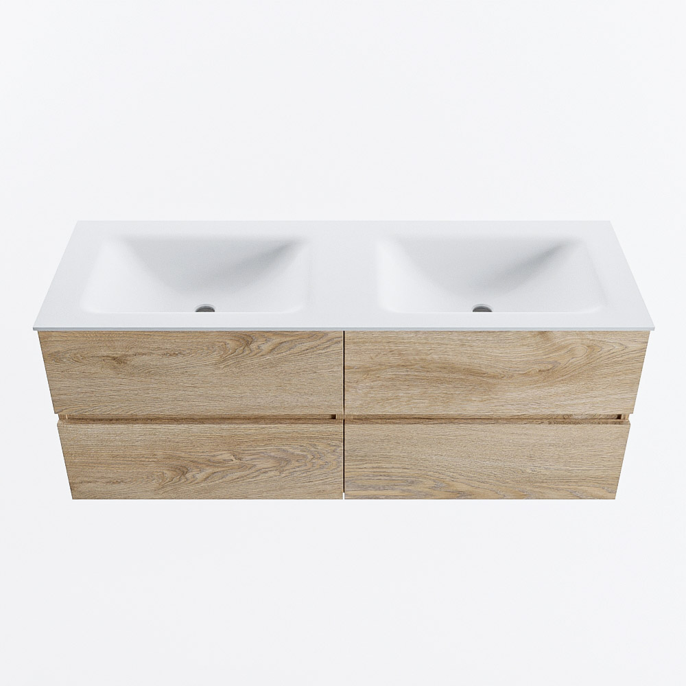 MONDIAZ VICA 130cm badmeubel onderkast Washed Oak 4 lades. Wastafel CLOUD dubbel zonder kraangat, kleur Talc.