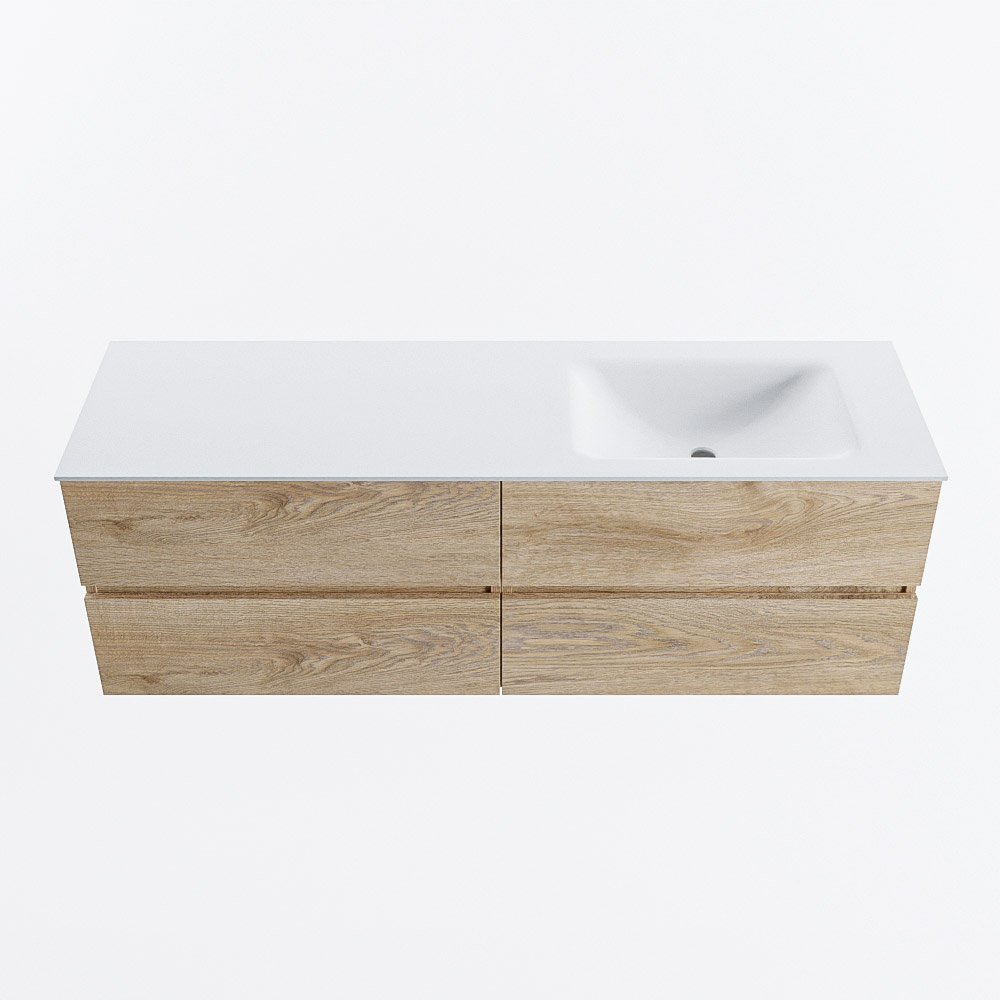 MONDIAZ VICA 150cm badmeubel onderkast Washed Oak 4 lades. Wastafel CLOUD rechts 1 kraangat, kleur Talc.